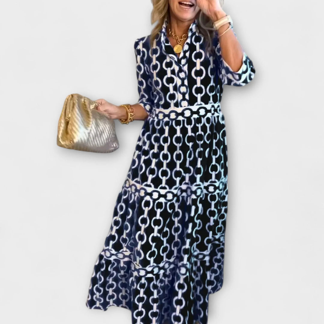 Black Women's Chain Print Maxi Dress — Trixie Button-Front Tiered Bohemian - Front Styled