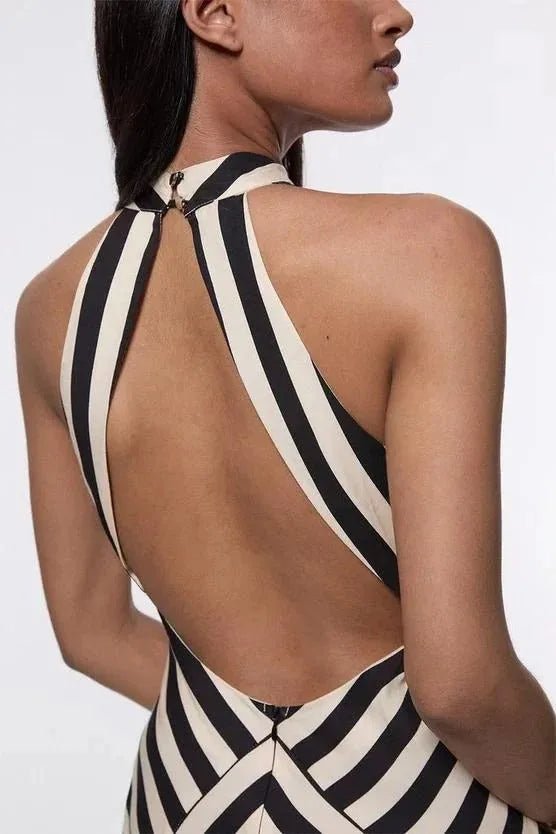 Celeste | Elegant Chevron Stripe Halter Maxi Dress Backless - Striped - 4