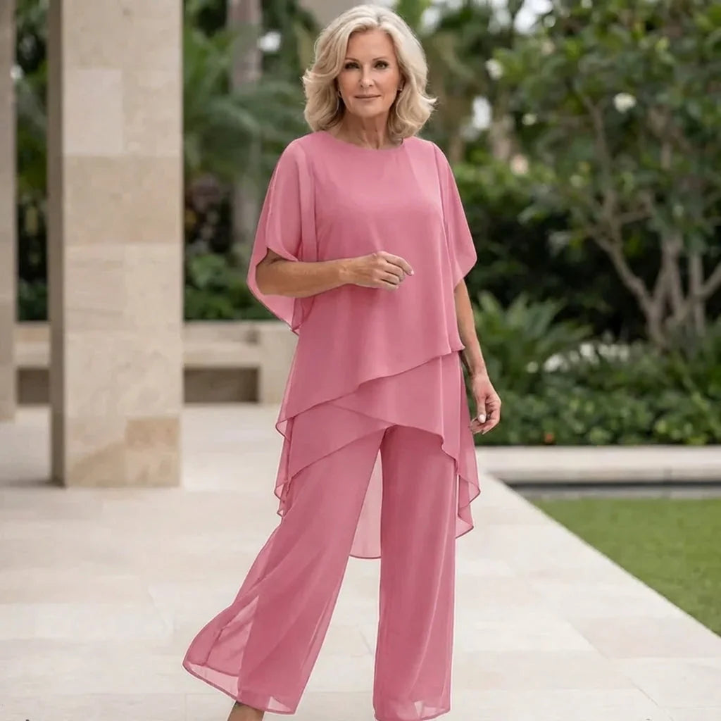 Purple Women's Chiffon Palazzo Pants Set — Blythe Tiered Wide-Leg Elegant - Studio Pose