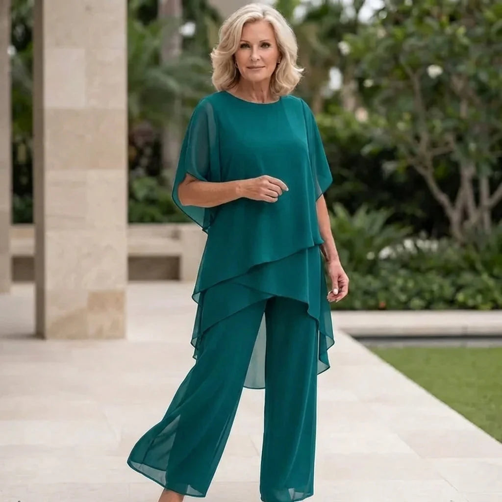 Turquoise Women's Chiffon Palazzo Pants Set — Blythe Tiered Wide-Leg Elegant - Model Walking