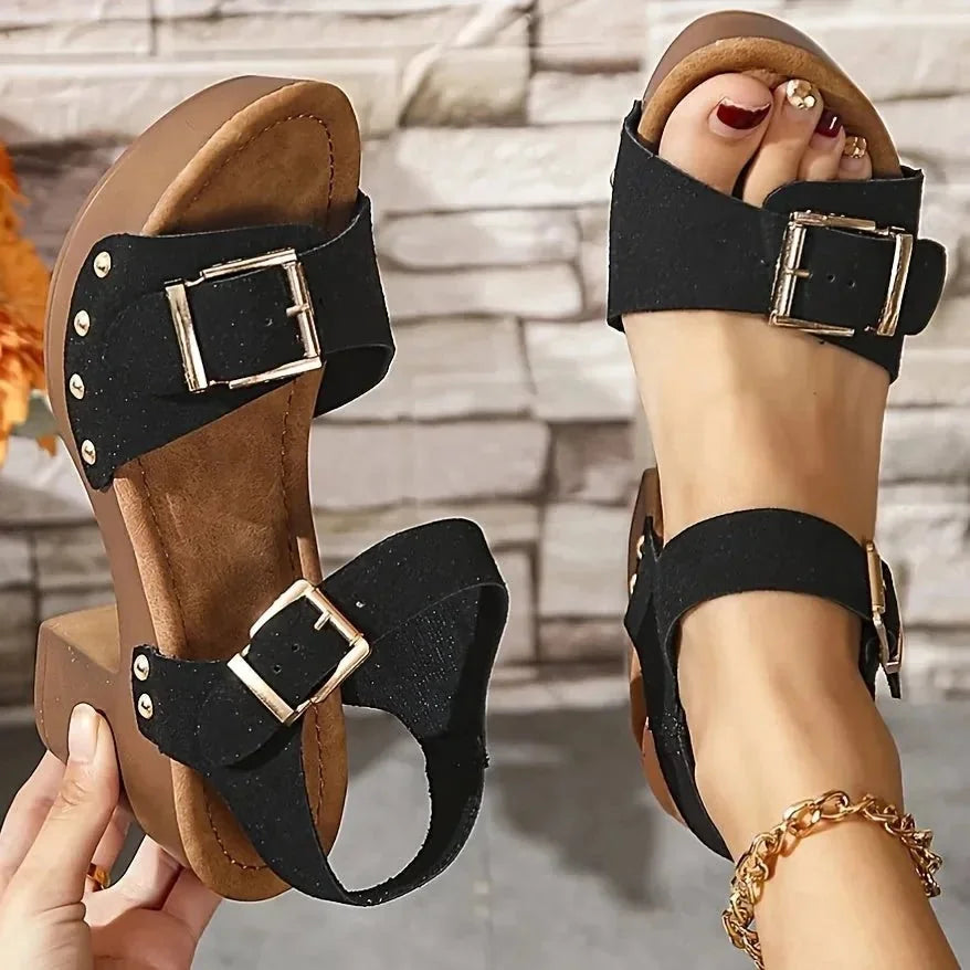 Black Women's Platform Sandals — Cami Double Buckle Chunky Heel - Hand Held