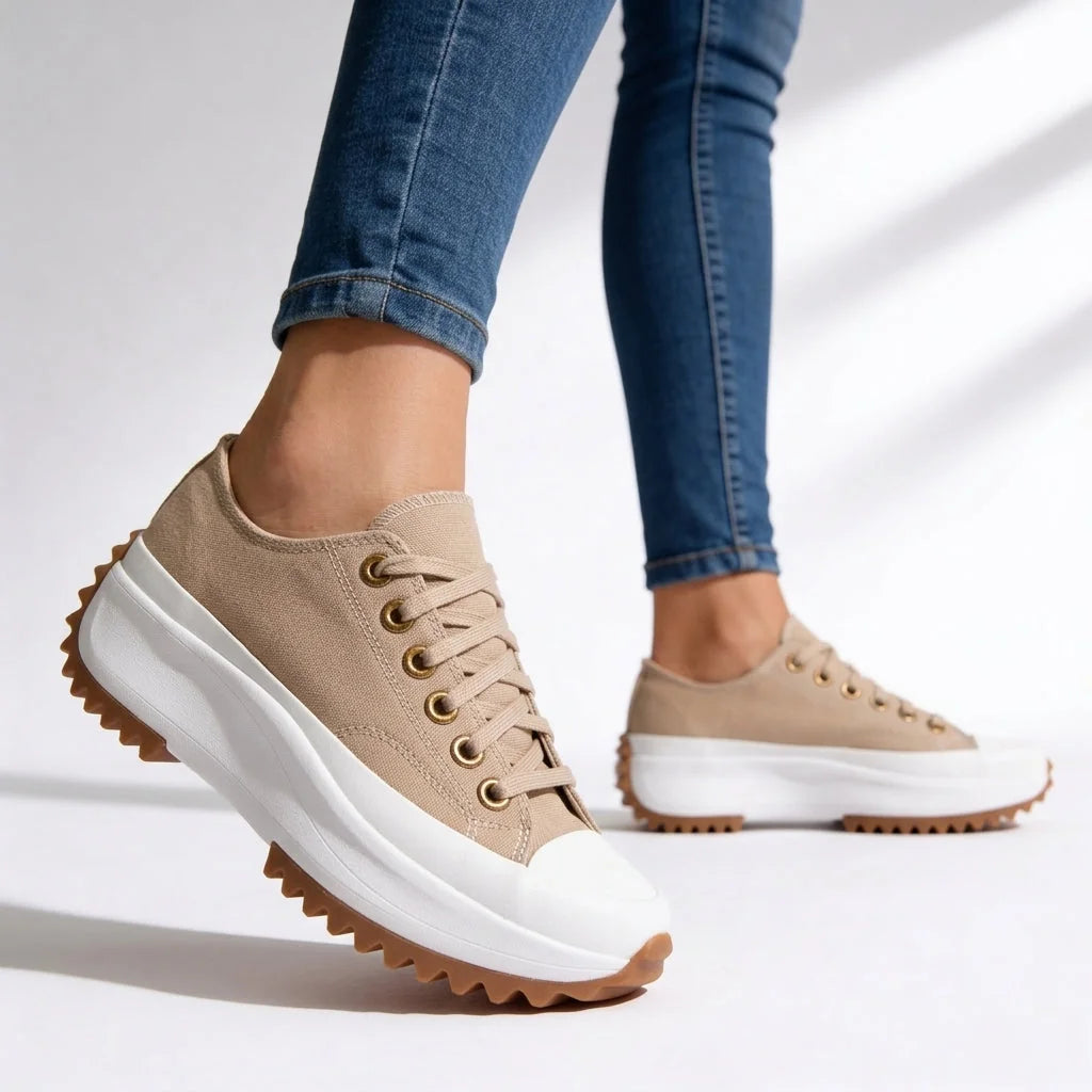 Tan Women's Chunky Platform Sneakers — Violet Lace-Up Low-Top Casual - Angled Lifestyle