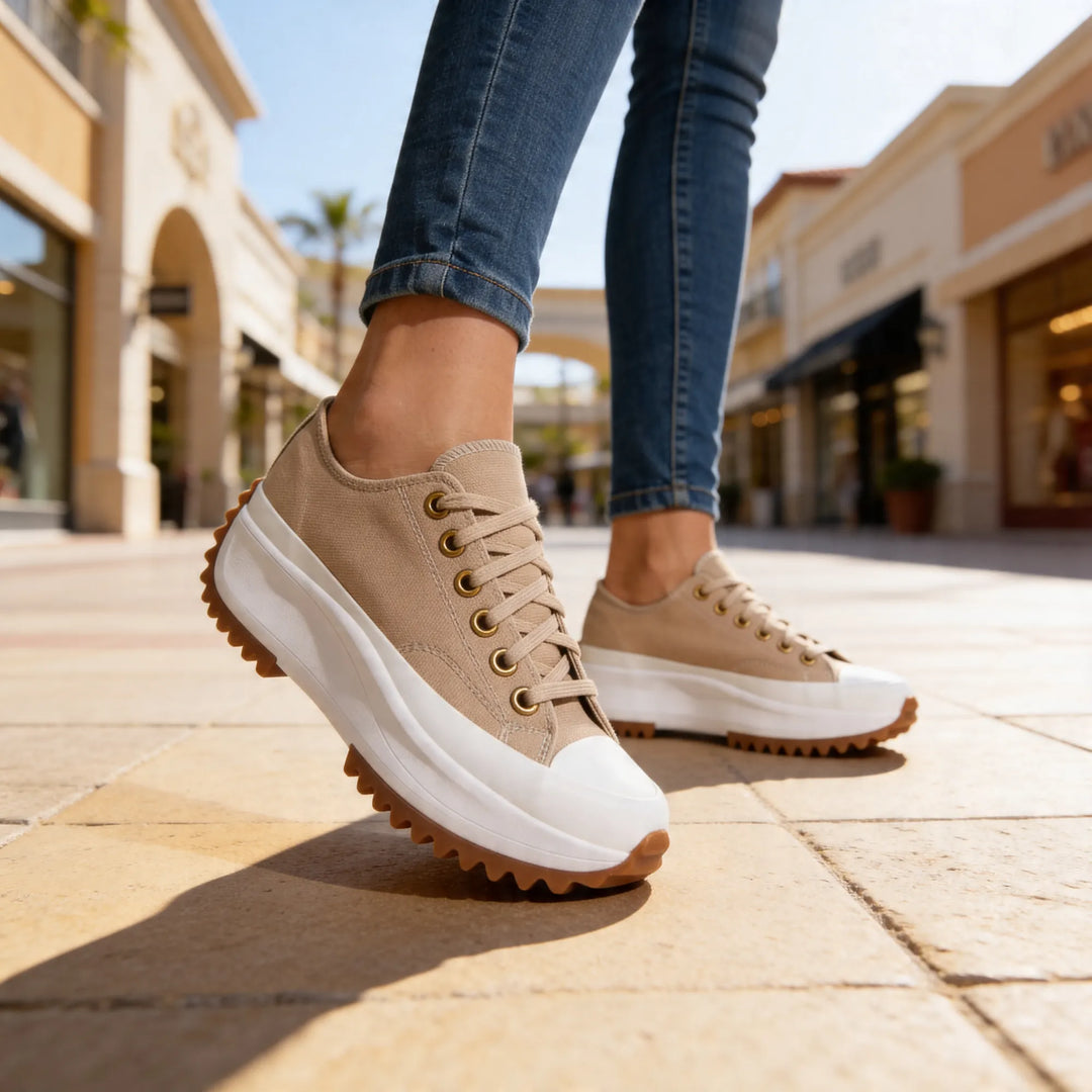 Tan Women's Chunky Platform Sneakers — Violet Lace-Up Low-Top Casual - Mall Walking