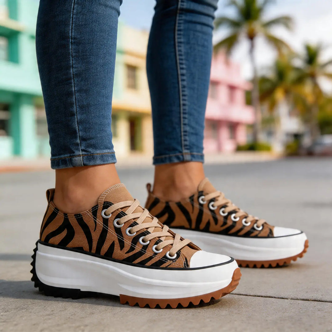 Tiger Women's Chunky Platform Sneakers — Violet Lace-Up Low-Top Casual - Outdoor Street Pose