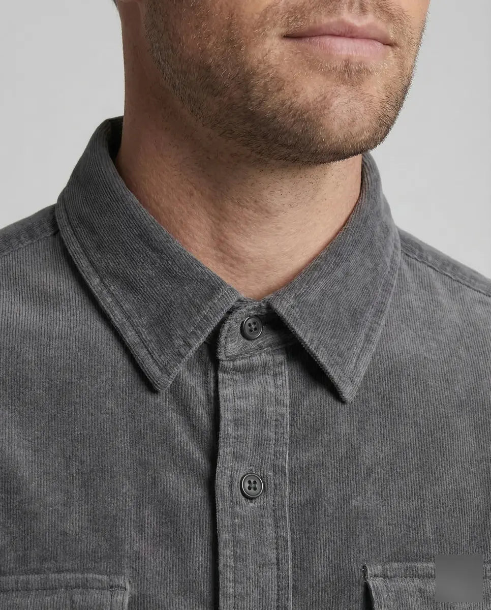 Gray Men's Corduroy Shirt with Chest Pockets - Collar Detail