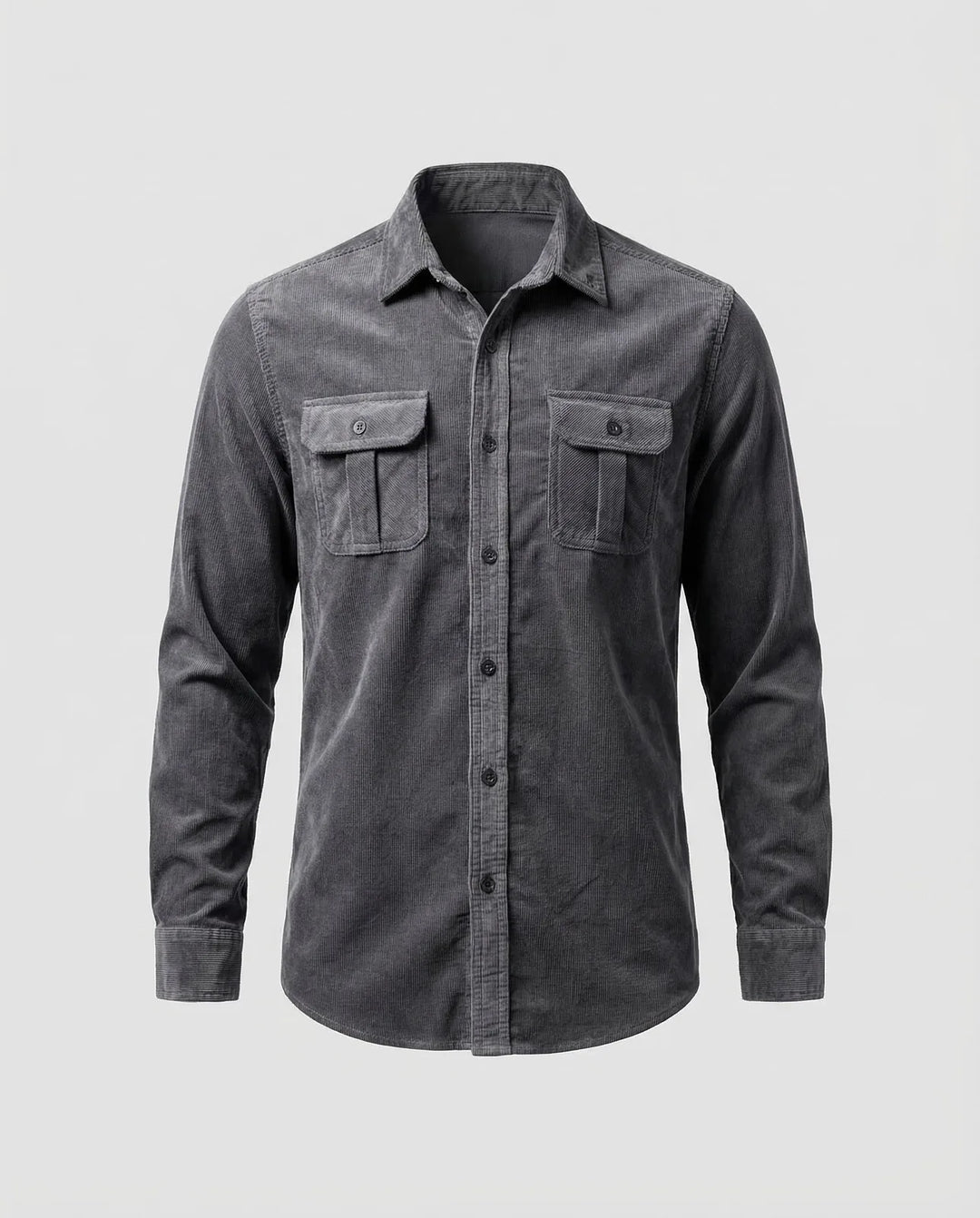 Gray Men's Corduroy Shirt with Chest Pockets - Flat Lay