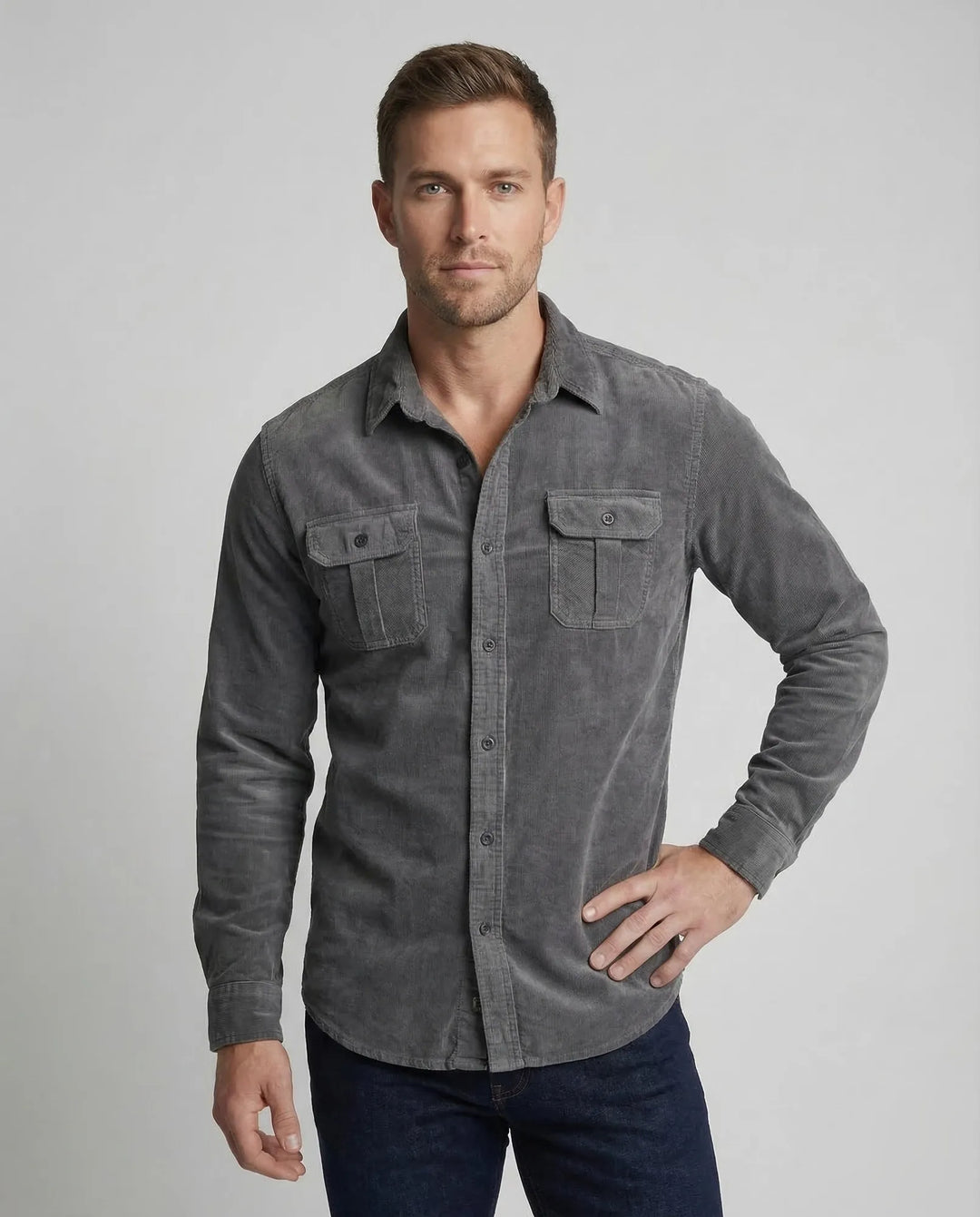 Gray Men's Corduroy Shirt with Chest Pockets - Front Pose