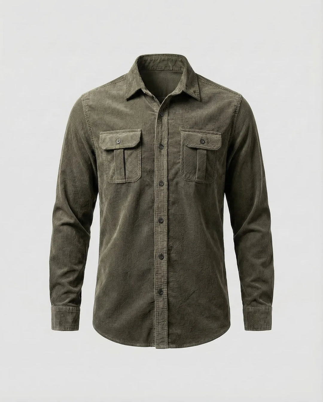 Olive Green Men's Corduroy Shirt with Chest Pockets - Variant
