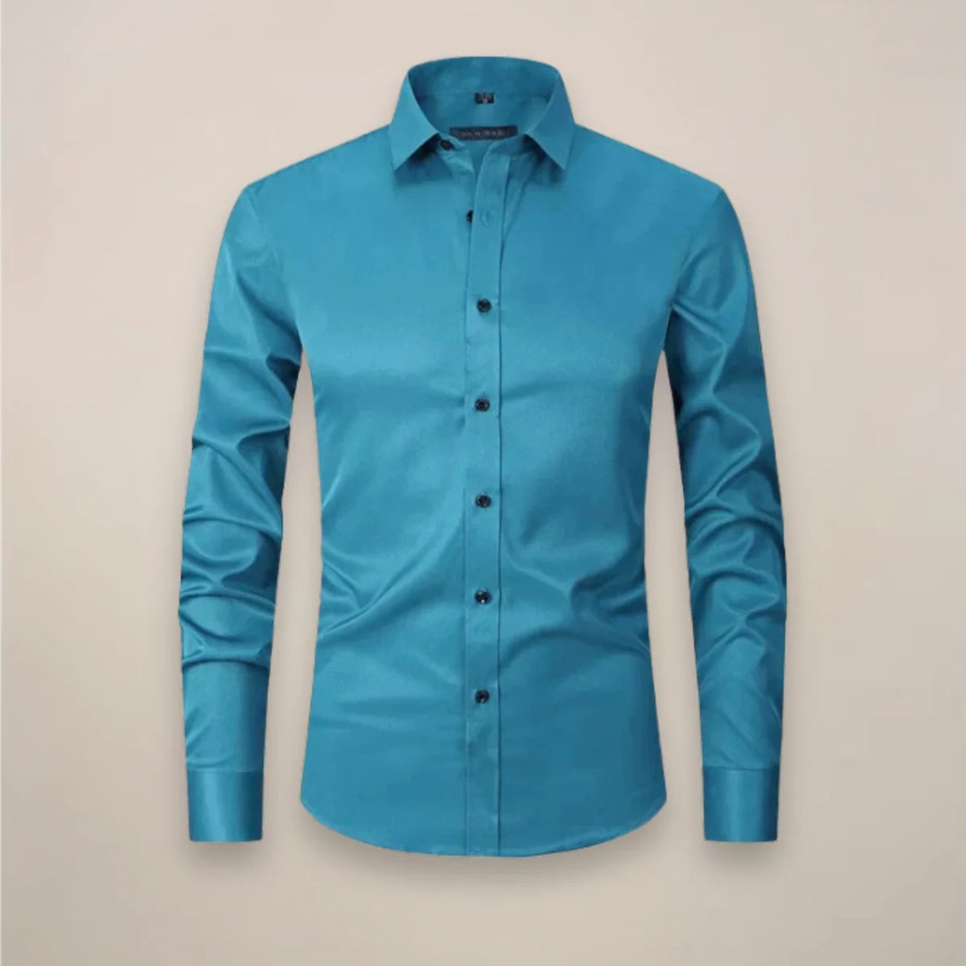 Turquoise Men's Long Sleeve Shirt Classic Fit - Flat Lay Teal