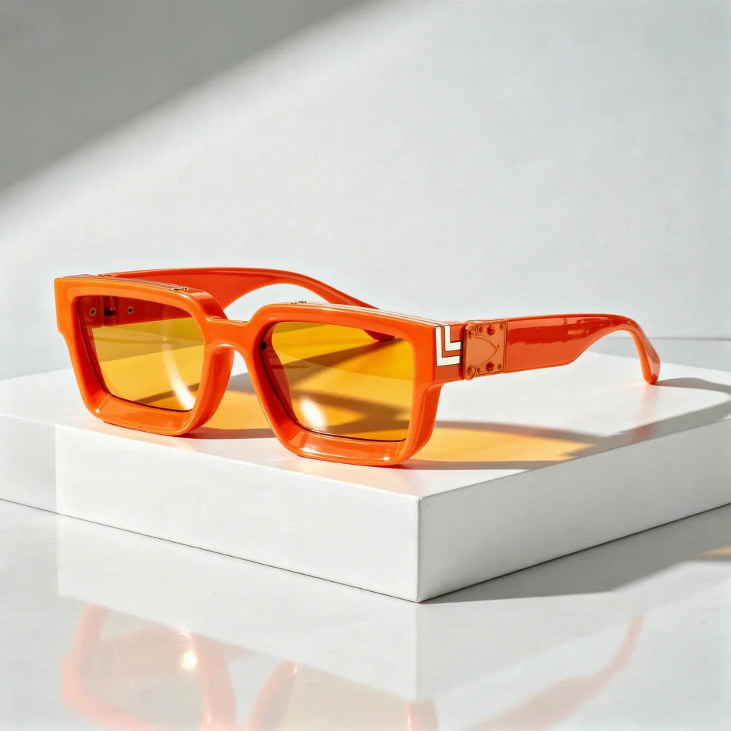Coral Women's Classy Black Rectangular Shades — Susie Gold Accent Retro - Flat Lay