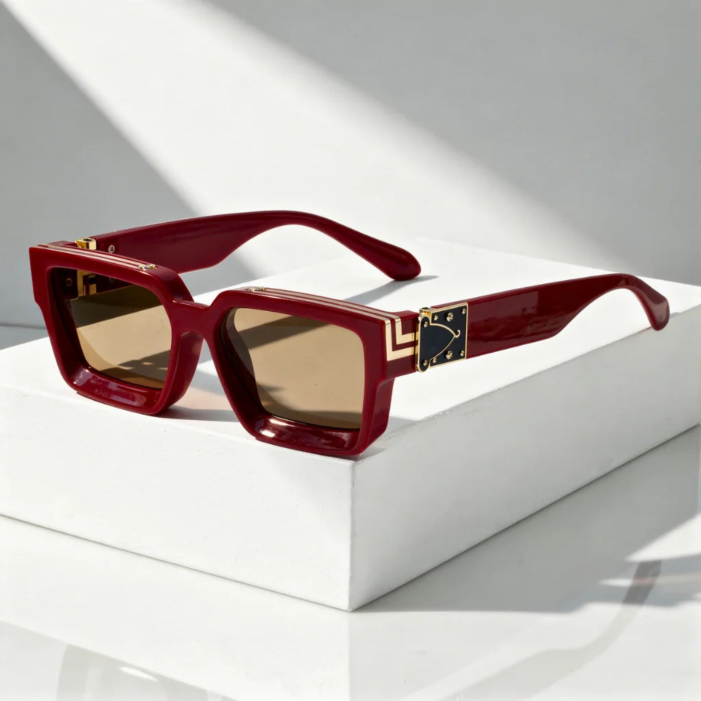 Crimson Women's Classy Black Rectangular Shades — Susie Gold Accent Retro - Three Quarter