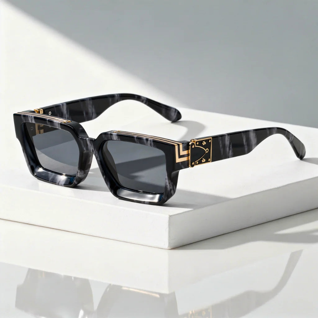 Marble Women's Classy Black Rectangular Shades — Susie Gold Accent Retro - Side Pose