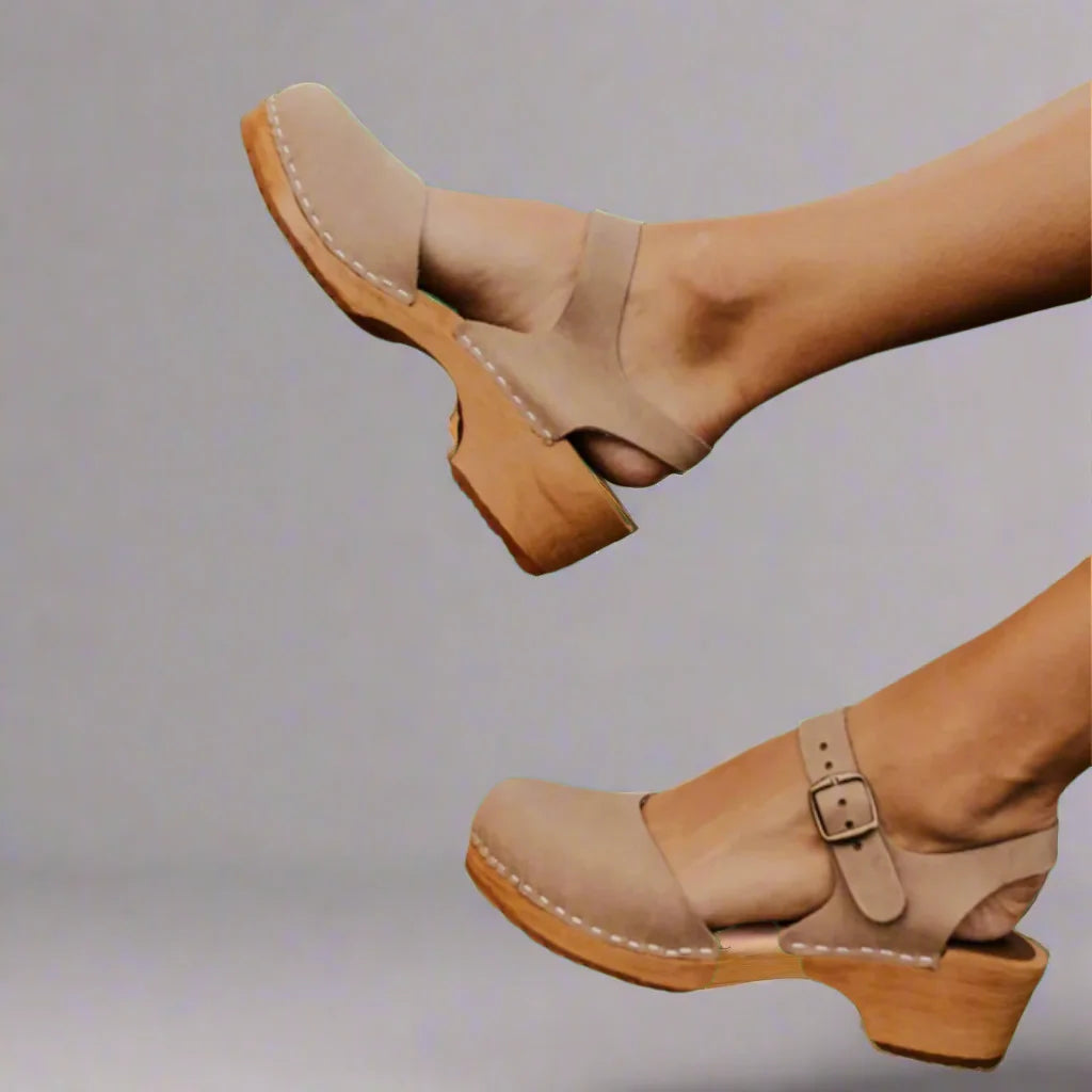 Beige Women's Closed Toe Platform Sandals — Bree Mary Buckle - Crossed Pose