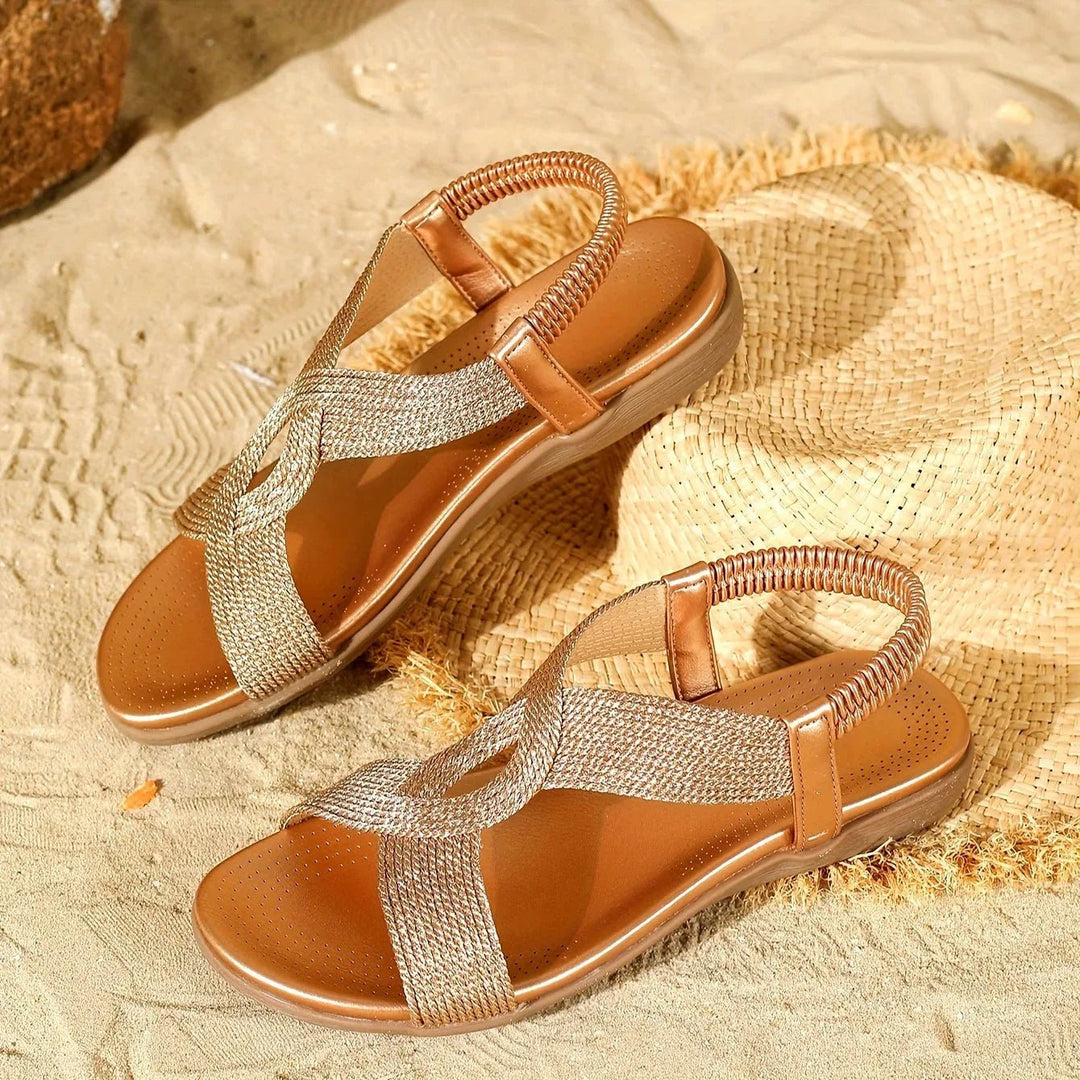Matilda | Comfortable Elastic Strap Gold Sandals - Gold - 1