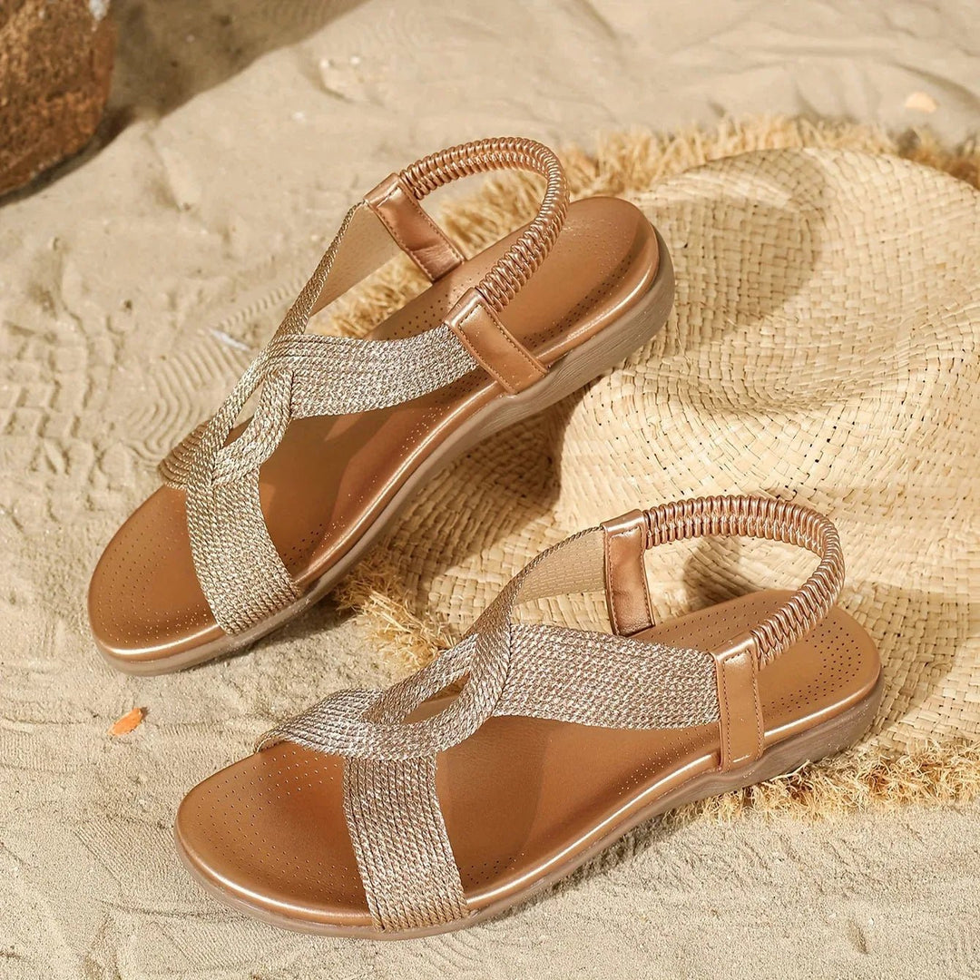 Matilda | Comfortable Elastic Strap Gold Sandals - Black - 5