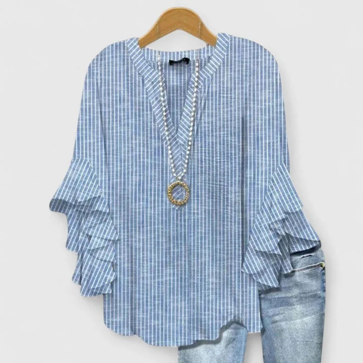 Blue Women's Comfortable Blouse — Celia Flutter Sleeve Embroidered - Front Pose
