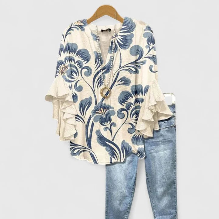 White Women's Comfortable Blouse — Celia Flutter Sleeve Embroidered - Blue Front Full