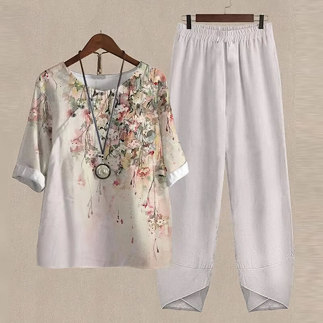 Ruby | Comfortable Loungewear Set with Printed Top & Matching Pants - White - 3