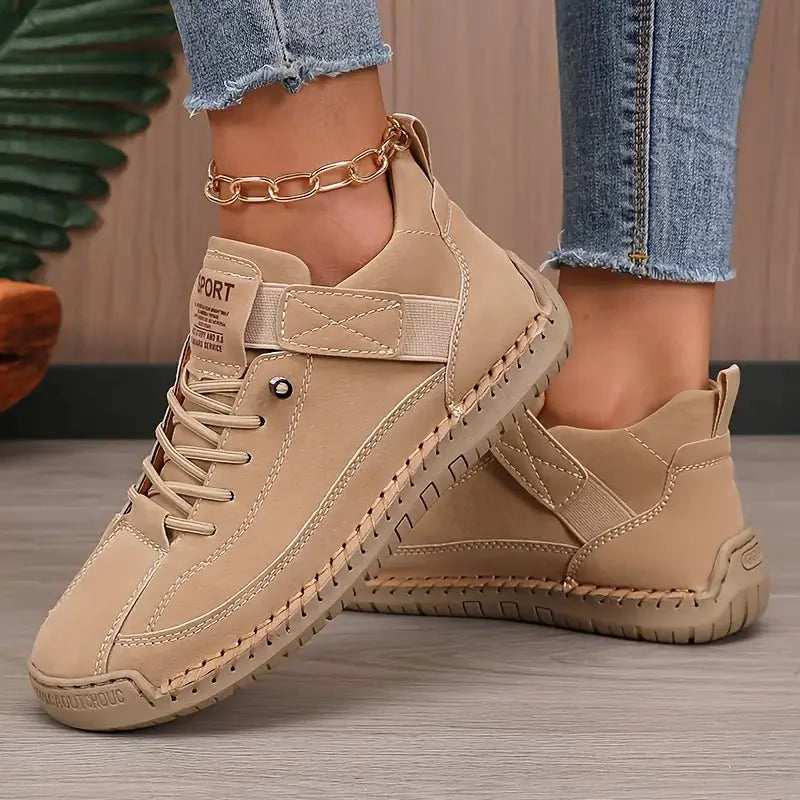 Beige Women's Comfortable Support Sneakers — Winnie Leather Athletic Casual - Front Detail