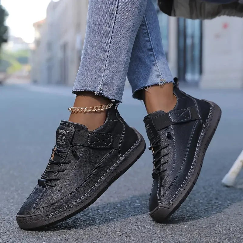 Black Women's Comfortable Support Sneakers — Winnie Leather Athletic Casual - Side Pose
