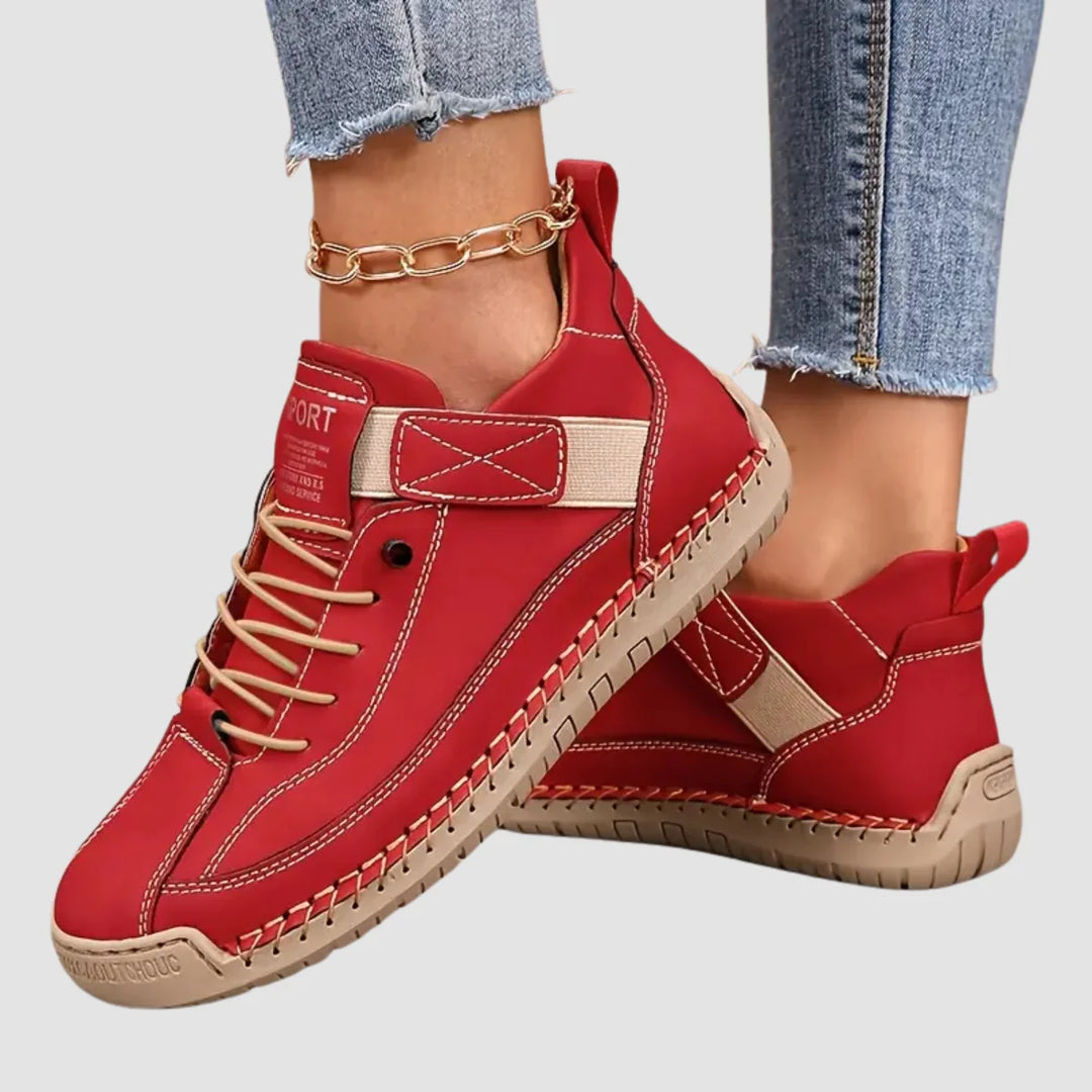 Red Women's Comfortable Support Sneakers — Winnie Leather Athletic Casual - Front Angle