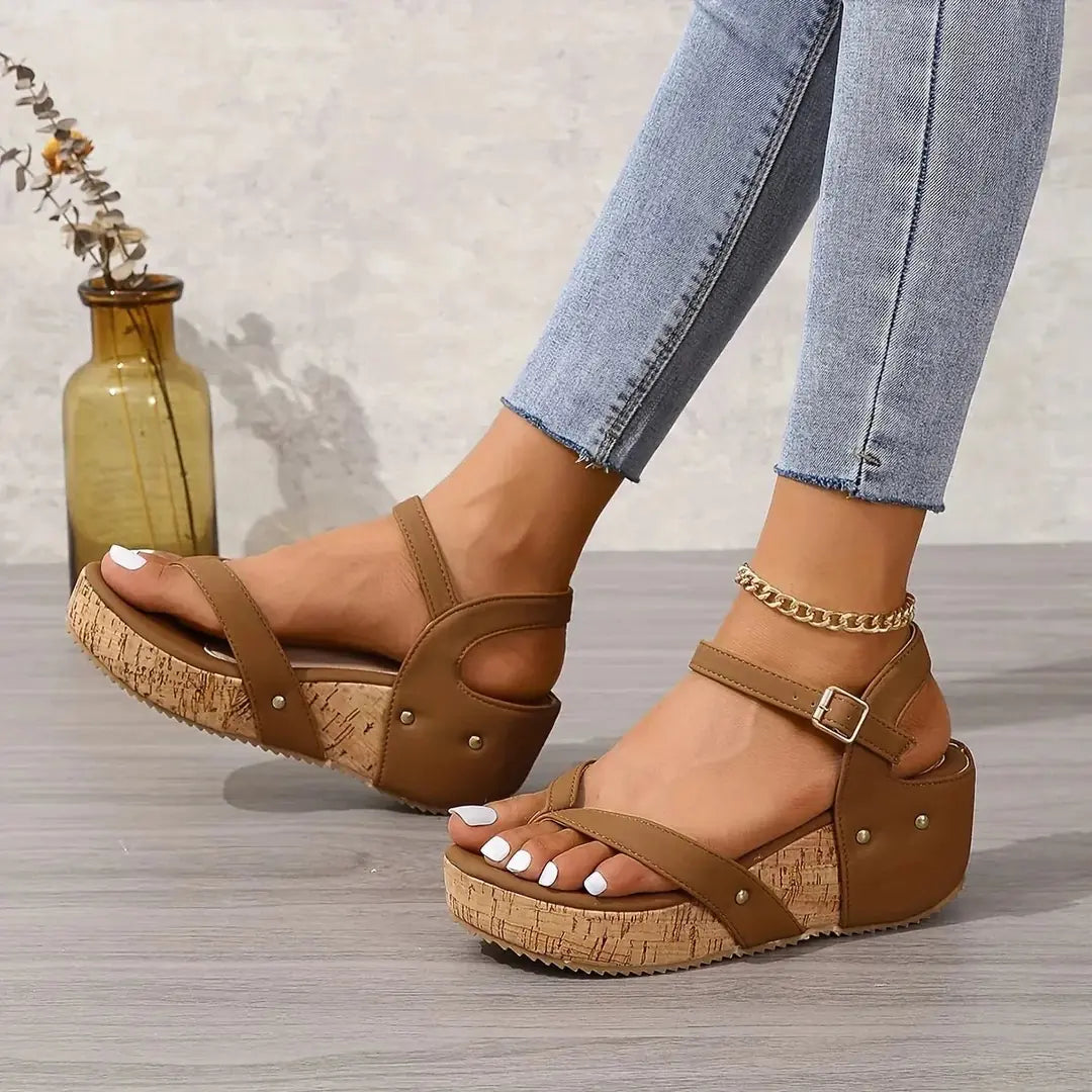 Brown Women's Cork Platform Wedge Sandals — Winifred Ankle Strap Studded - Side Profile