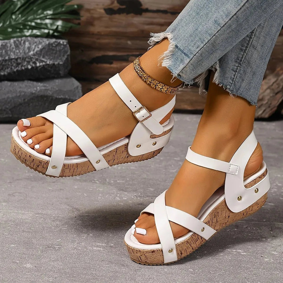 Aurora | Chic Cork Wedge Sandals With Cross Straps - White - 6
