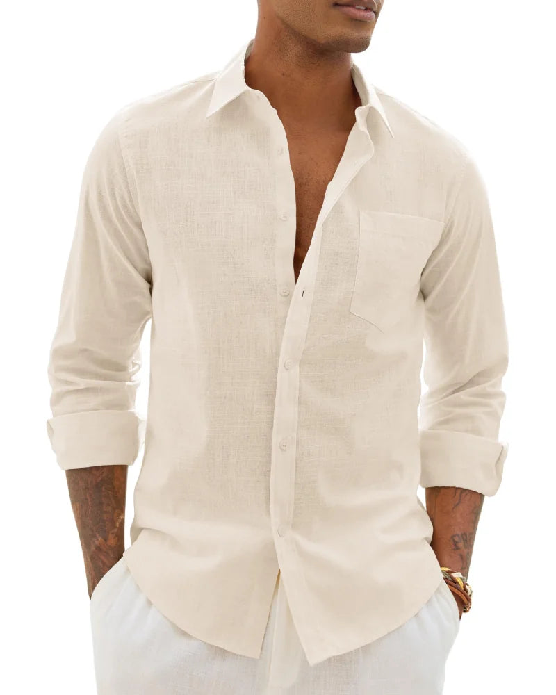 Beige Men's Cotton Linen Long Sleeve Blouse — Noah Button-Front Casual - Front Cream Variant