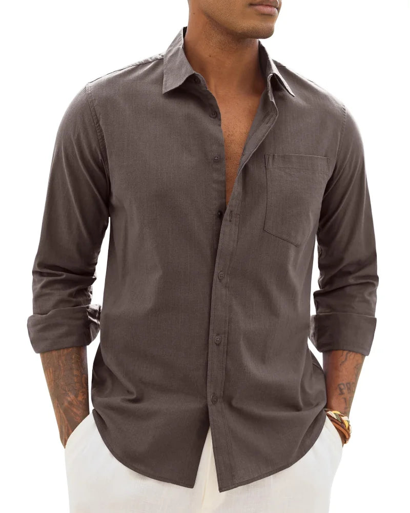 Bleu Men's Cotton Linen Long Sleeve Blouse — Noah Button-Front Casual - Fonc Front Full