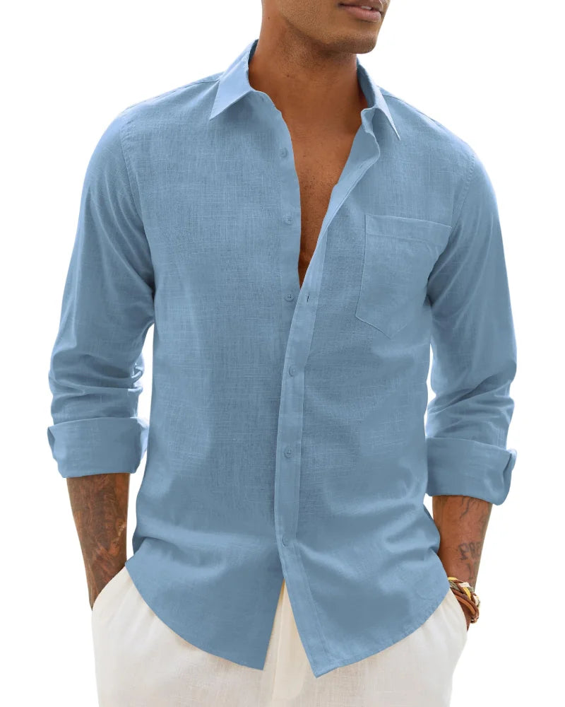 Light Blue Men's Cotton Linen Long Sleeve Blouse — Noah Button-Front Casual - Front Lightblue Variant