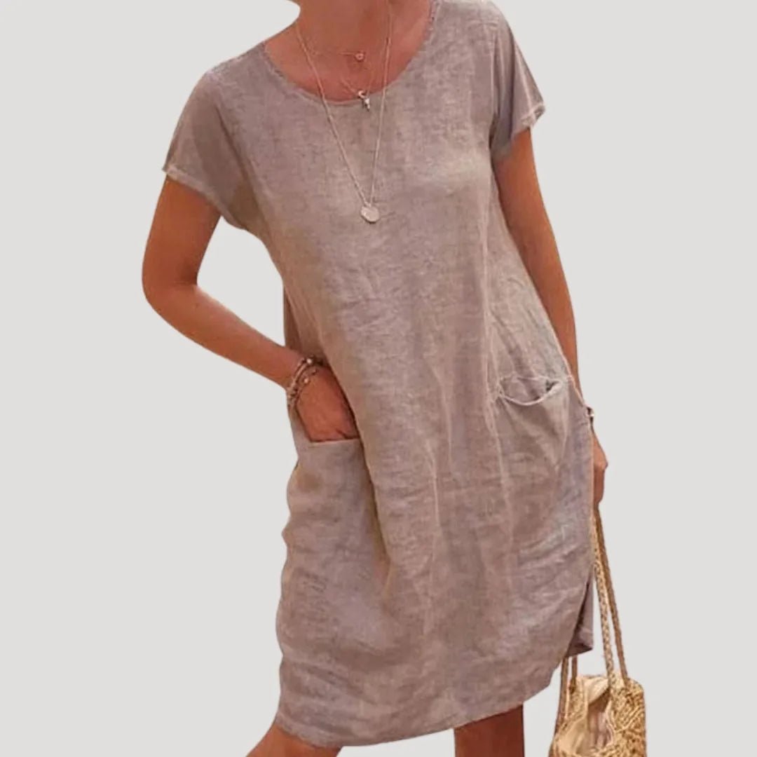 Matilda | Casual Cotton Beach Dress With Pockets - Beige - 5