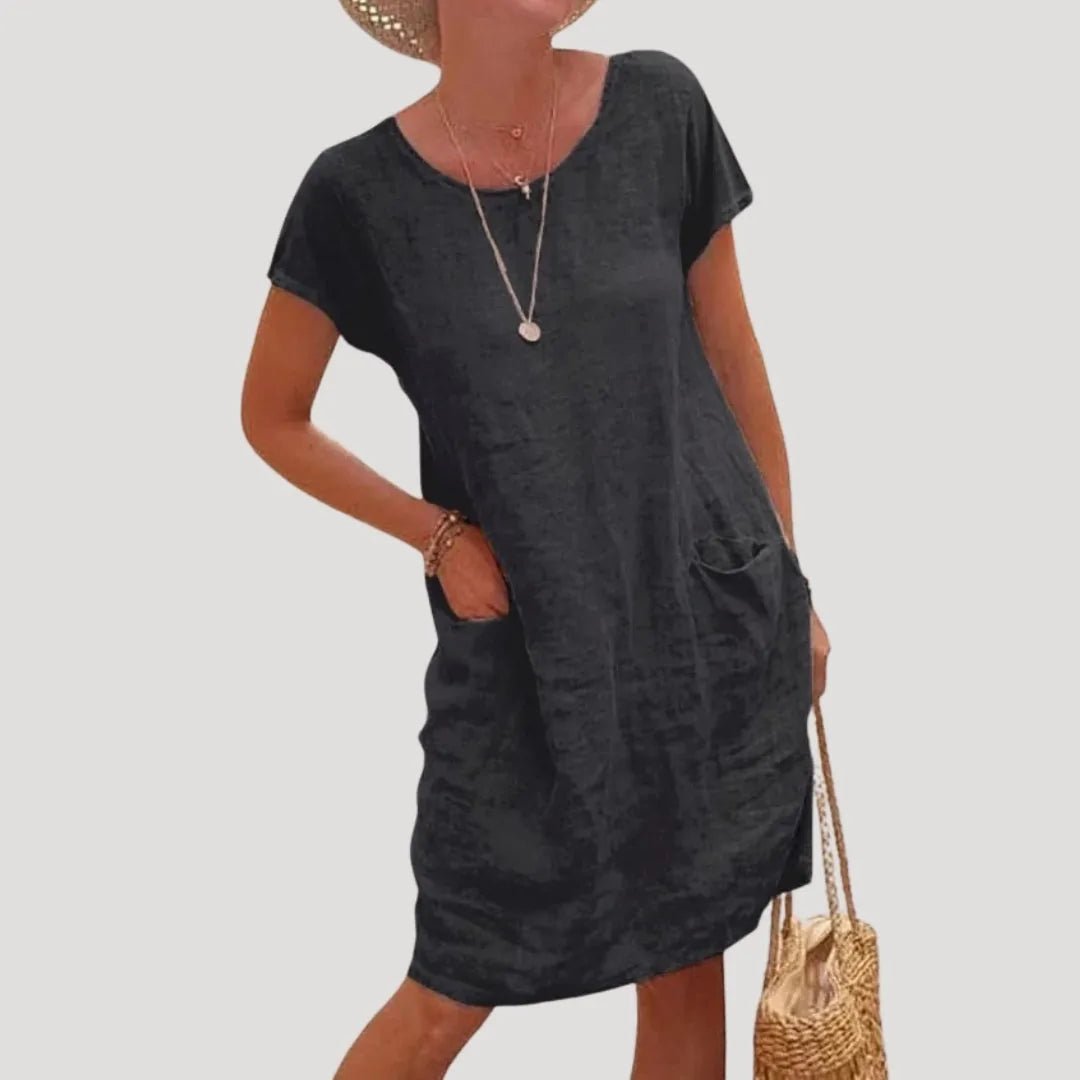 Matilda | Casual Cotton Beach Dress With Pockets - Black - 2