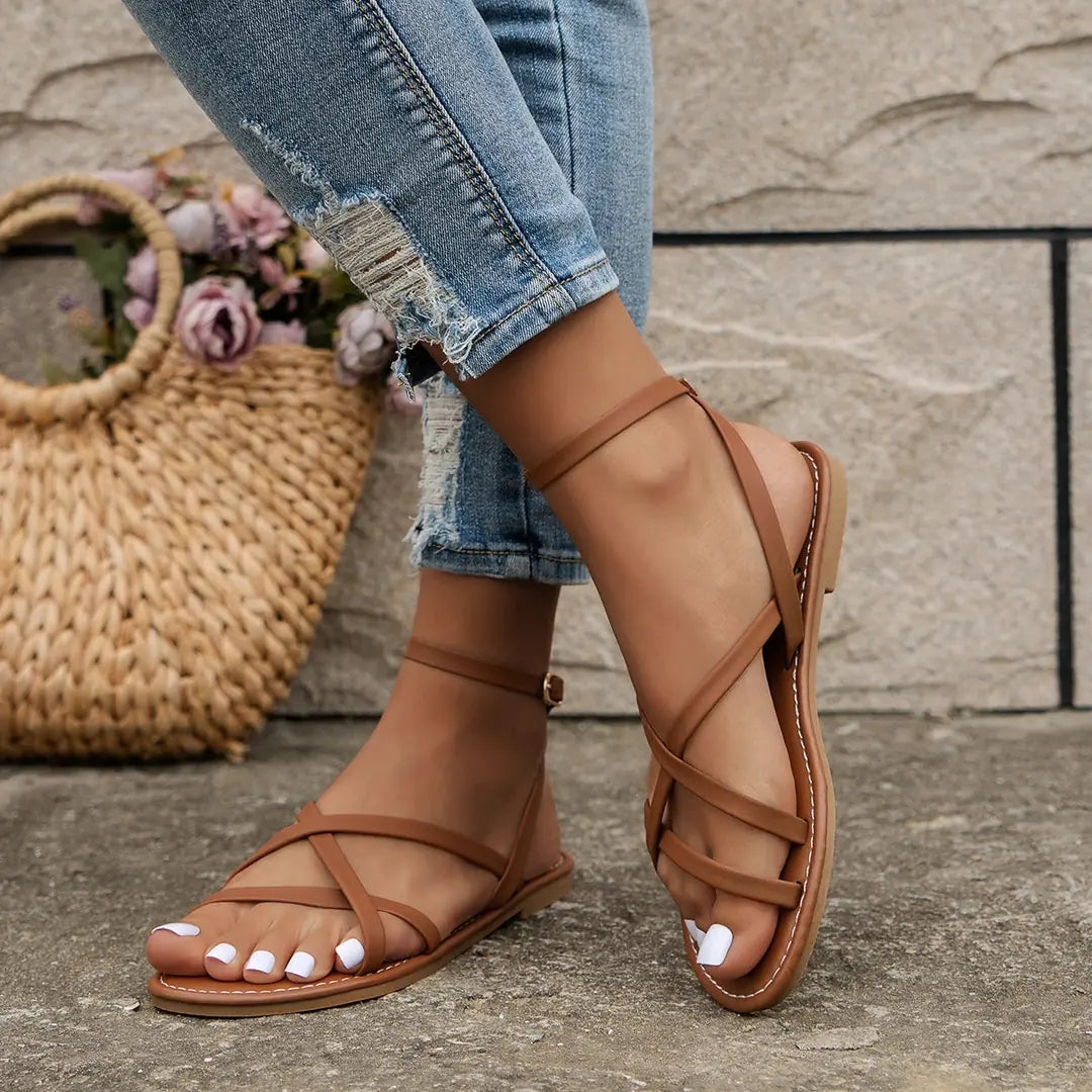 Brown Women's Criss Cross Flat Sandals — Silvia Strappy Ankle Wrap - Studio White