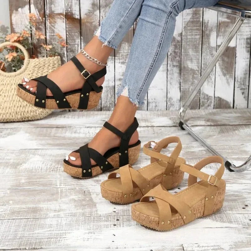Black Women's Cork Platform Sandals — Jada Crisscross Studded Wedge - Both Colors