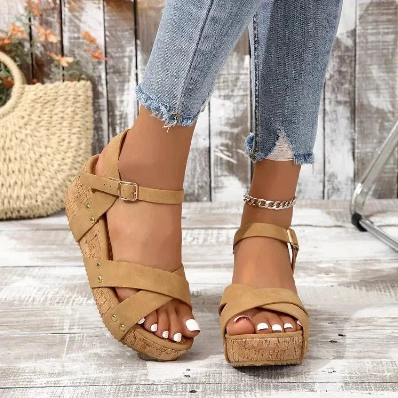 Tan Women's Cork Platform Sandals — Jada Crisscross Studded Wedge - Front Angle