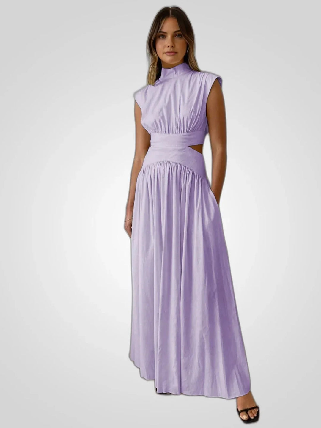 Purple Women's Cutout Maxi Dress — Lana High Neck Sleeveless Formal - Front Standing