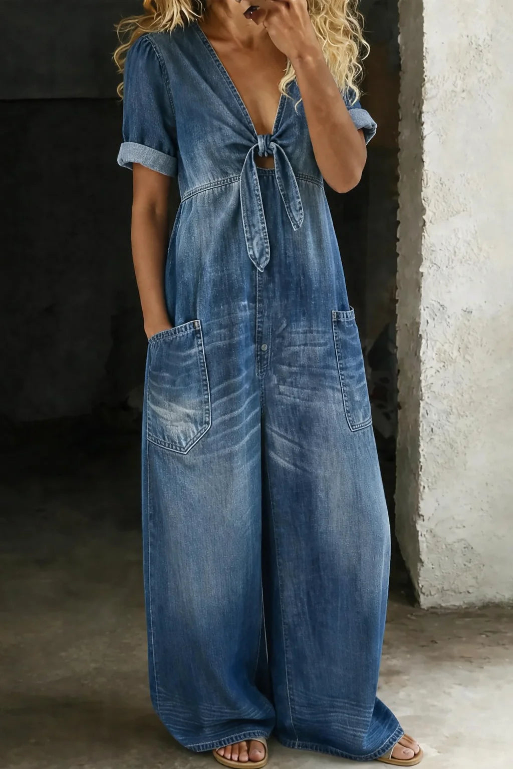 Blue Women's Denim Jumpsuit — Niamh Short Sleeve Wide-Leg Tie Front - Front Full