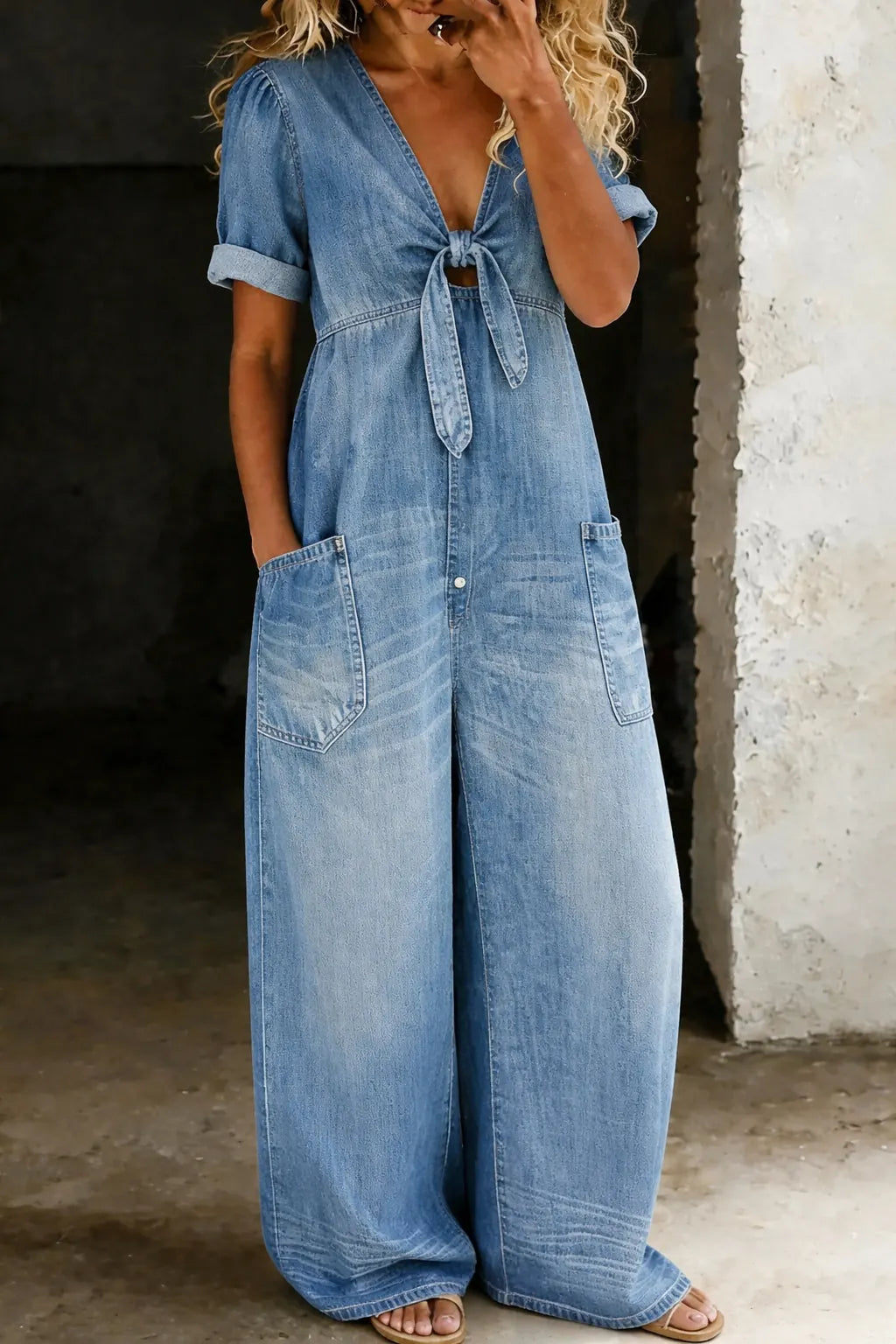 Light Blue Women's Denim Jumpsuit — Niamh Short Sleeve Wide-Leg Tie Front - Front Pose