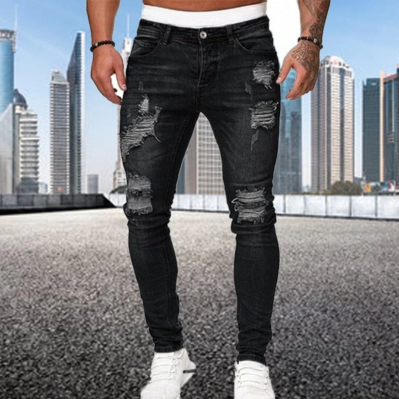 Black Men's Distressed Skinny Jeans — Griffin Ripped Stretch Denim - Front Detail