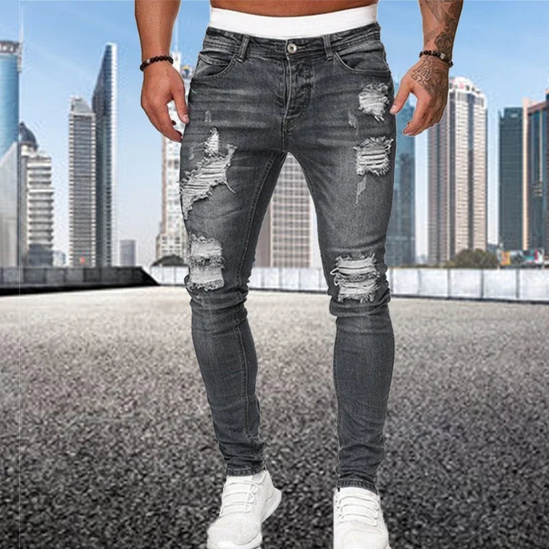 Grey Men's Distressed Skinny Jeans — Griffin Ripped Stretch Denim - Front Pose