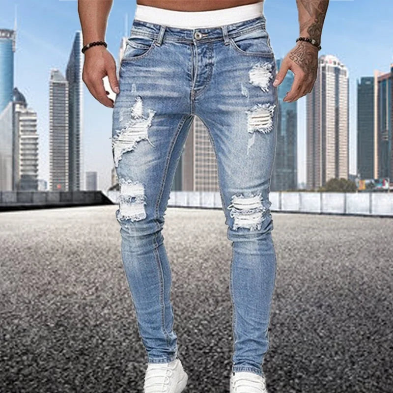 Light Blue Men's Distressed Skinny Jeans — Griffin Ripped Stretch Denim - Studio Shot