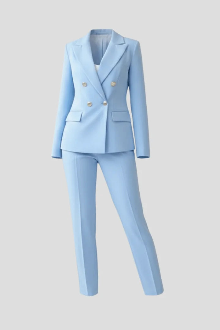 Light Blue Women's Double-Breasted Blazer Pants Suit — Lucia Tailored Office Professional - Flat Lay