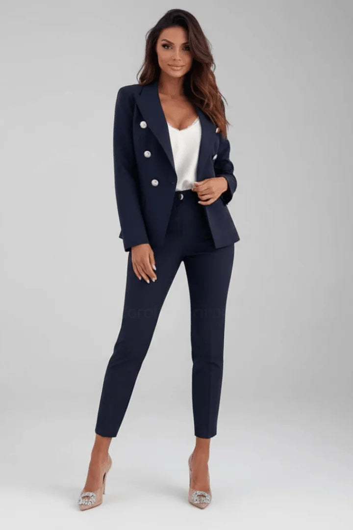 Navy Women's Double-Breasted Blazer Pants Suit — Lucia Tailored Office Professional - Professional Pose
