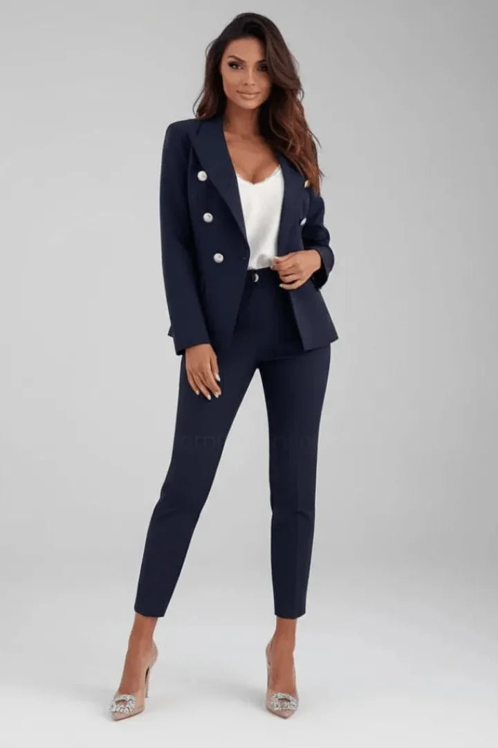 Navy Blue Women's Double-Breasted Blazer Set — Paloma Tailored Professional Gold Button - Front Studio