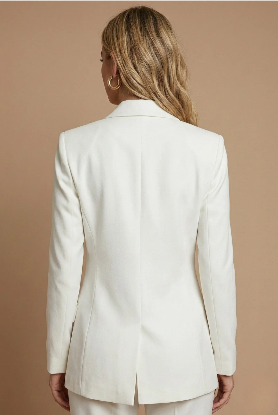 White Women's Double Breasted Blazer Suit — Nicole Flared Pants Two Piece - Back Full