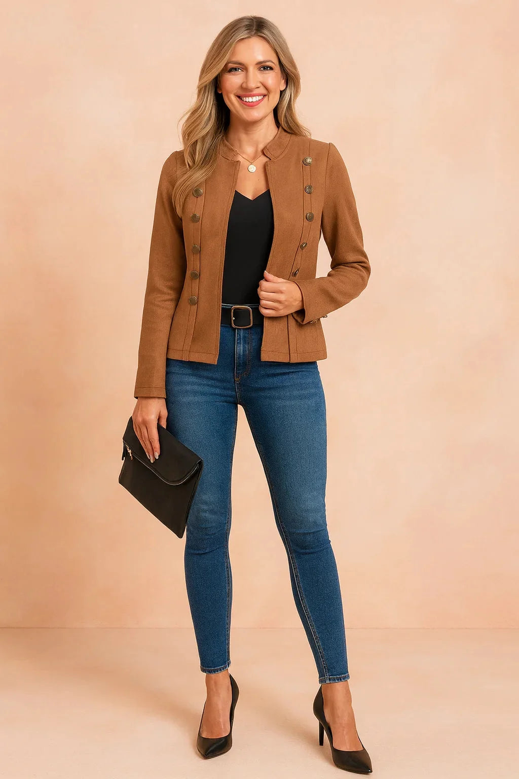 Brown Women's Double Breasted Military Buttoned Blazer — Tia Short Structured - Front Full
