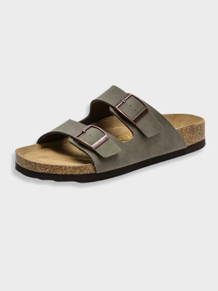 Charcoal Men's Double Strap Sandals — Connor Buckle Cork Footbed Slide - Side Studio
