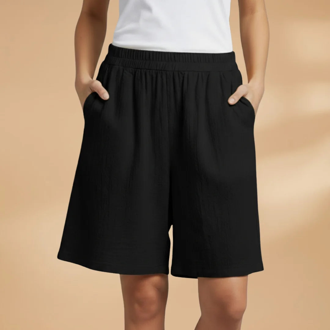 Black Women's Knee-Length Shorts — Gigi Drawstring Elastic Waistband Relaxed - Front Model