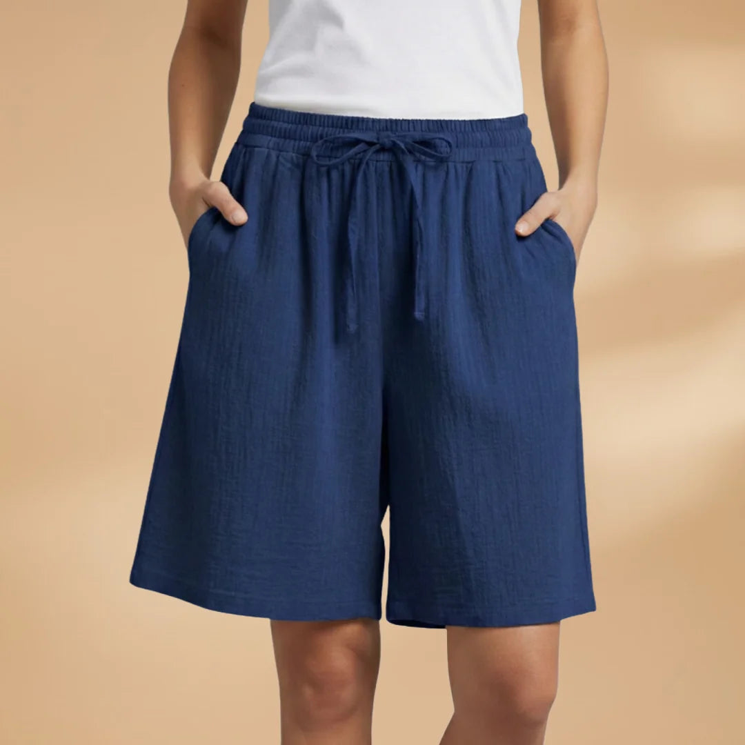 Navy Blue Women's Knee-Length Shorts — Gigi Drawstring Elastic Waistband Relaxed - Front Styled
