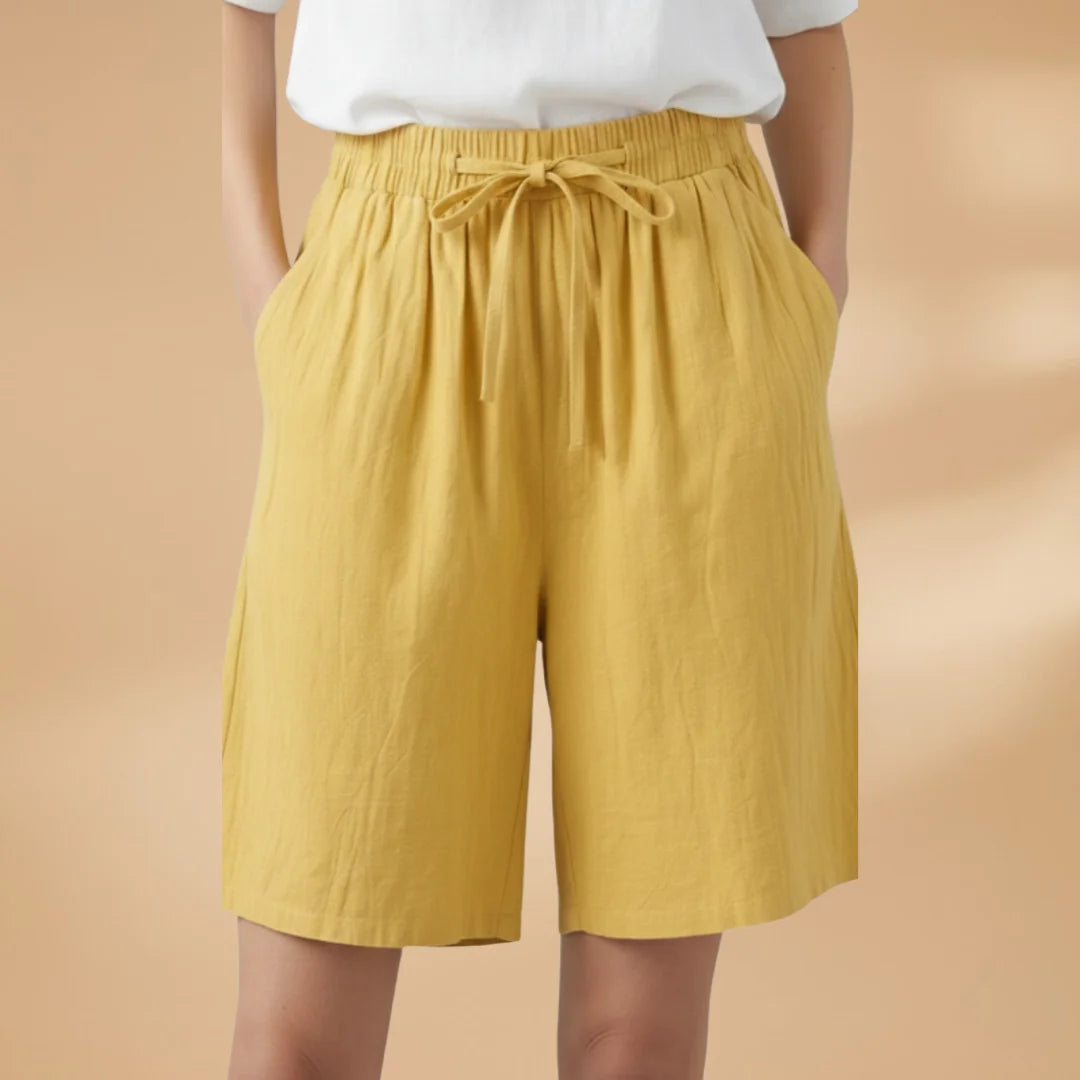 Yellow Women's Knee-Length Shorts — Gigi Drawstring Elastic Waistband Relaxed - Front Close Up